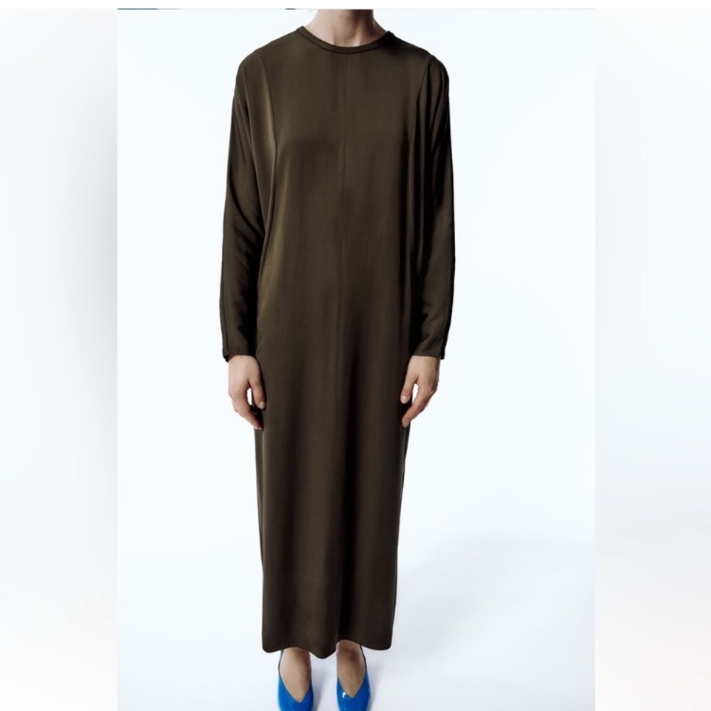 Zara NWT Batwing Sleeve Shift Maxi Dress S quiet luxury oversized dark olíve